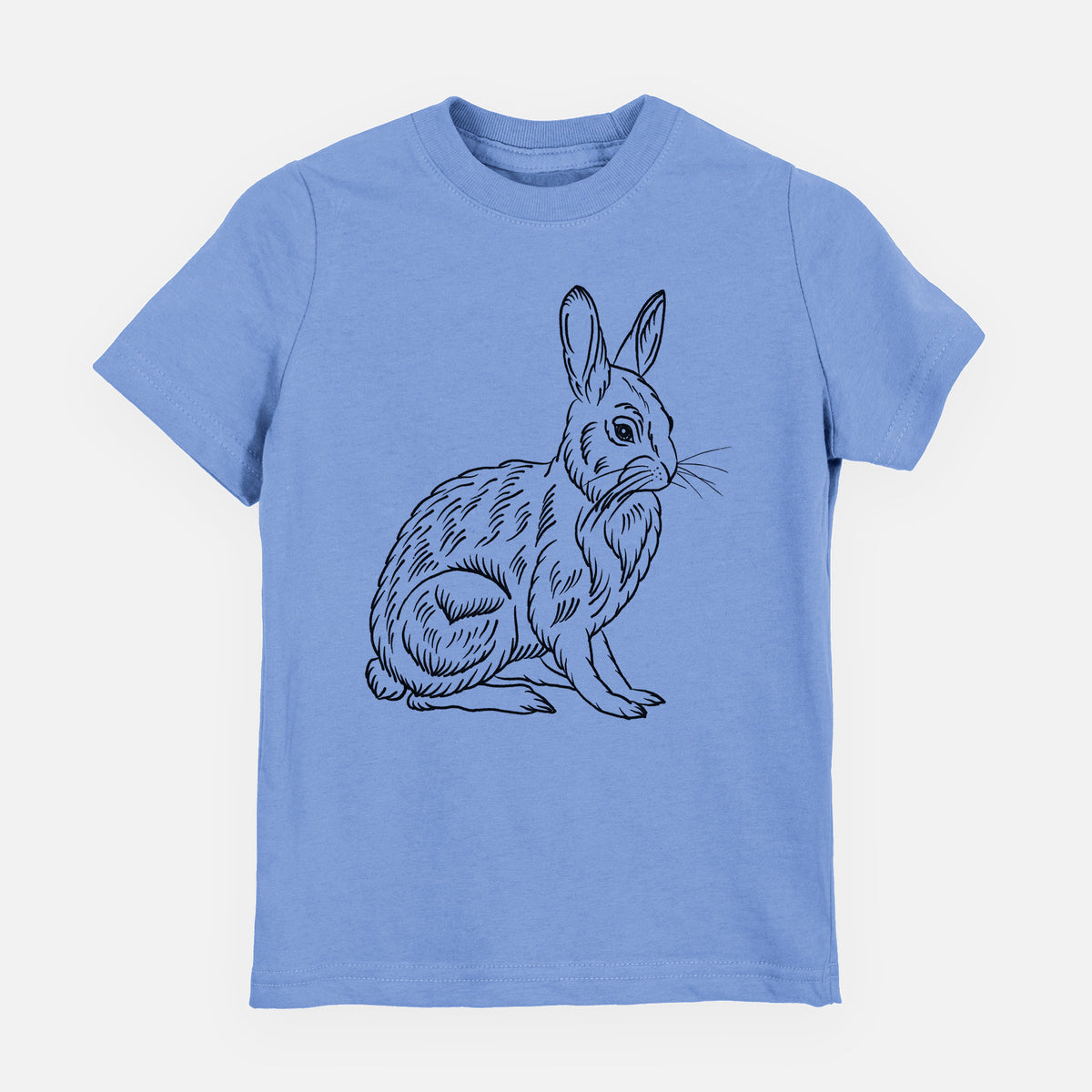 Carolina blue youth t-shirt laid flat, printed with a detailed black ink illustration of a snowshoe hare sitting upright.
