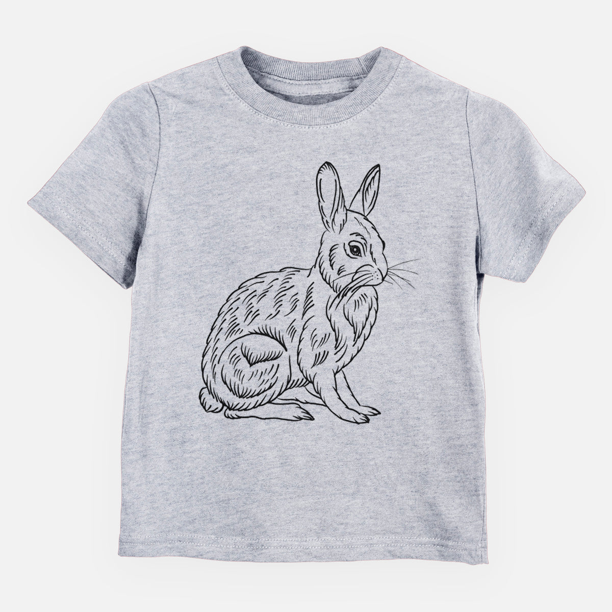 Heather grey toddler t-shirt laid flat, printed with a detailed black ink illustration of a snowshoe hare sitting upright.