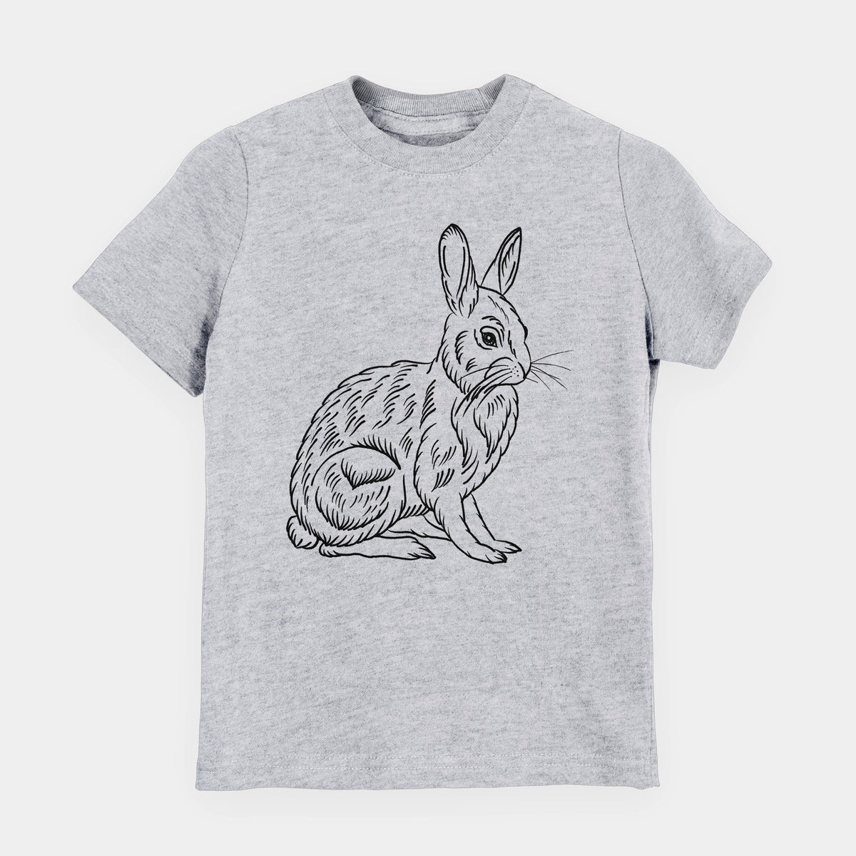 Heather grey youth t-shirt laid flat, printed with a detailed black ink illustration of a snowshoe hare sitting upright.