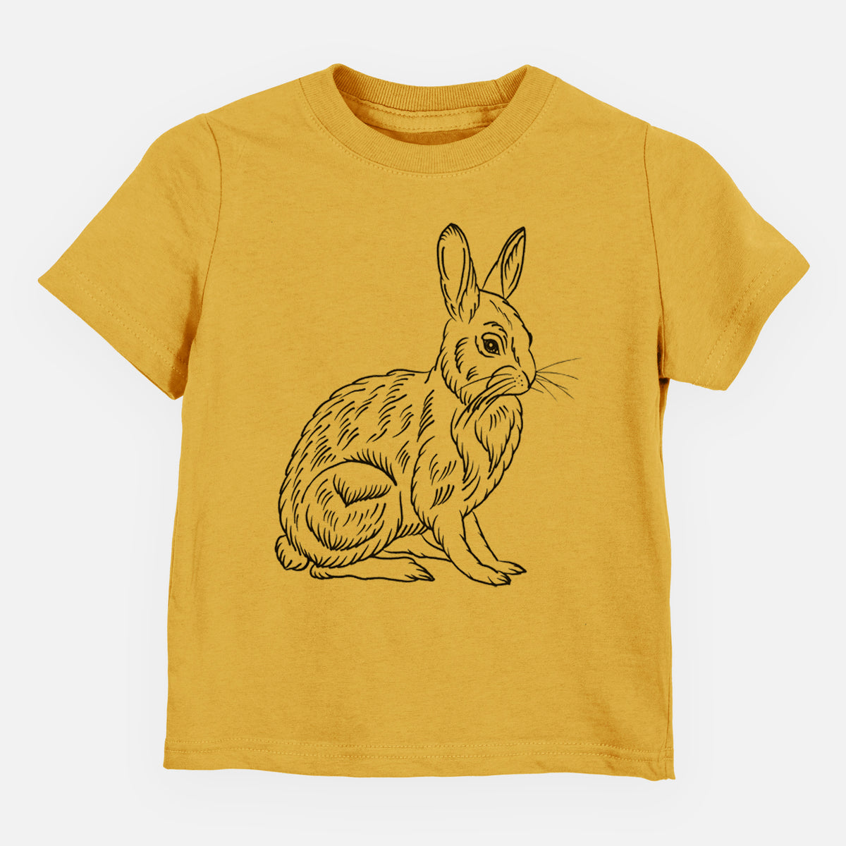 Honeycomb yellow toddler t-shirt laid flat, printed with a detailed black ink illustration of a snowshoe hare sitting upright.