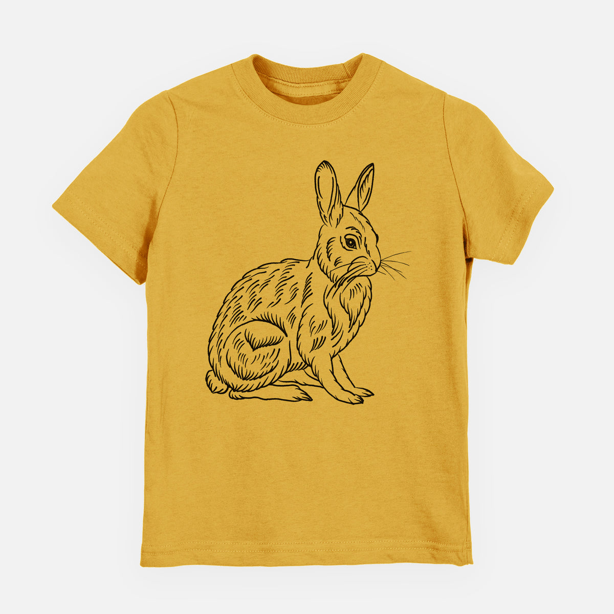 Honeycomb yellow youth t-shirt laid flat, printed with a detailed black ink illustration of a snowshoe hare sitting upright.