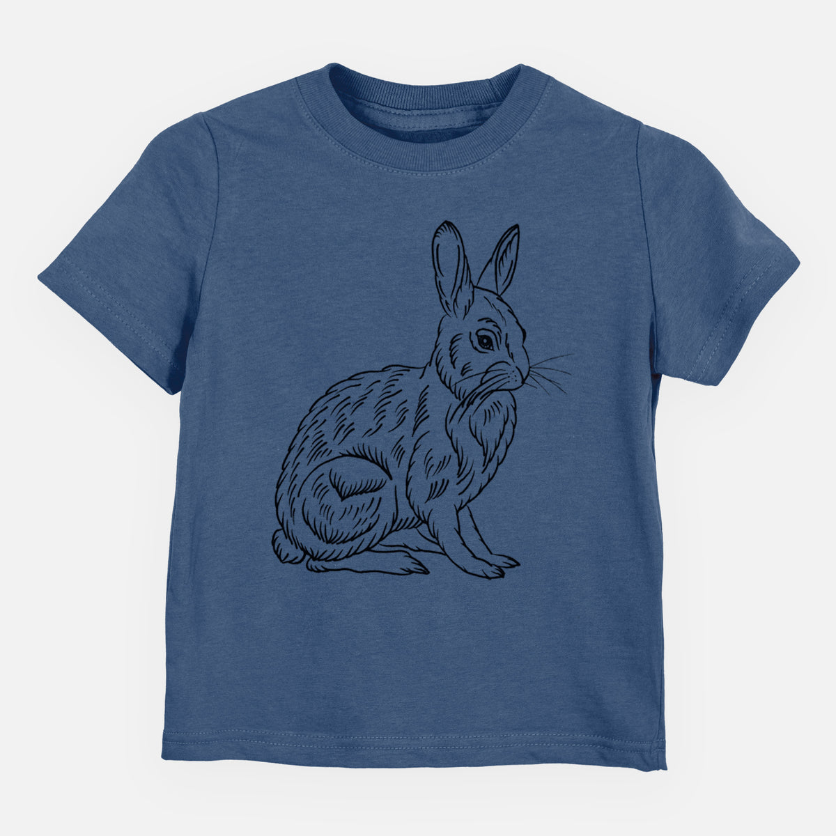 Indigo blue toddler t-shirt laid flat, printed with a detailed black ink illustration of a snowshoe hare sitting upright.