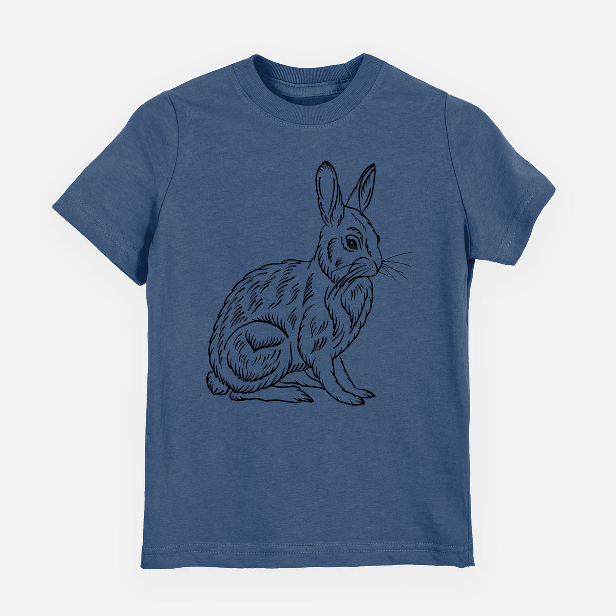 Indigo blue youth t-shirt laid flat, printed with a detailed black ink illustration of a snowshoe hare sitting upright.