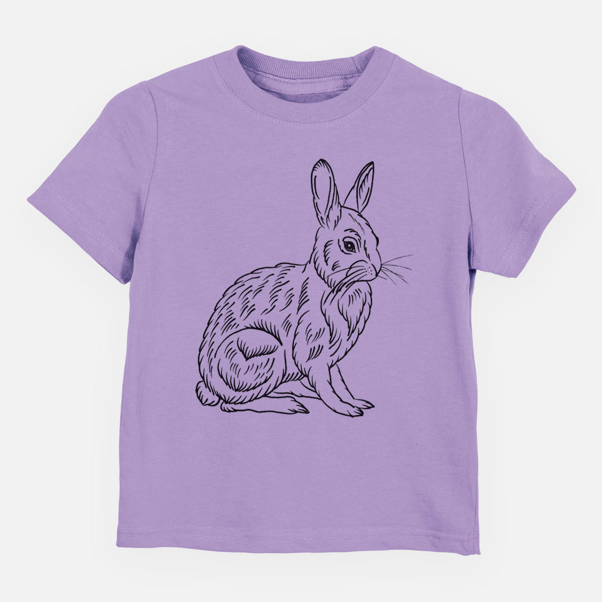 Lavender toddler t-shirt laid flat, printed with a detailed black ink illustration of a snowshoe hare sitting upright.