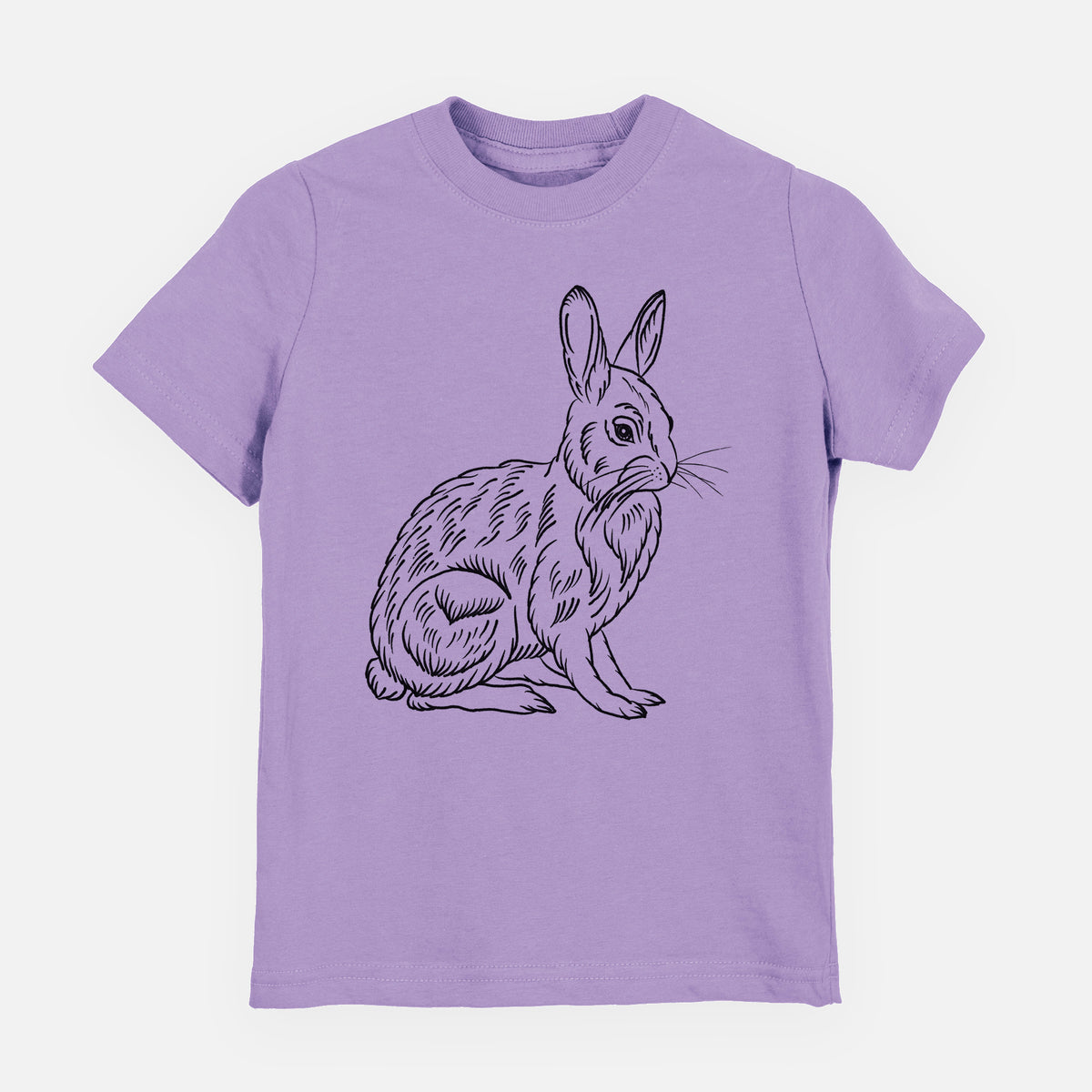 Lavender youth t-shirt laid flat, printed with a detailed black ink illustration of a snowshoe hare sitting upright.