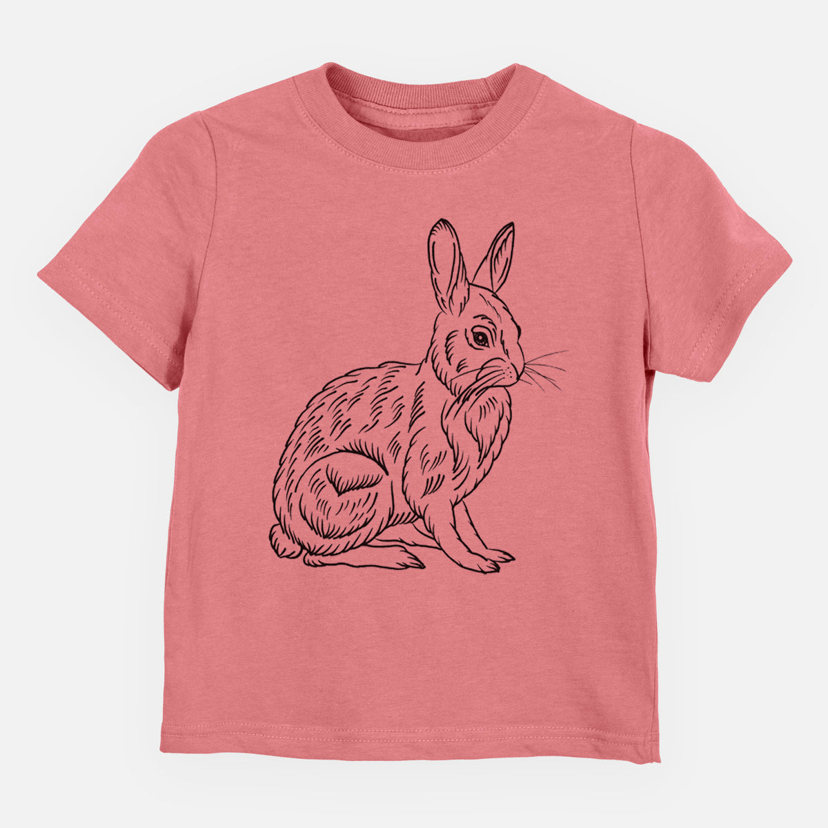 Mauve pink toddler t-shirt laid flat, printed with a detailed black ink illustration of a snowshoe hare sitting upright.