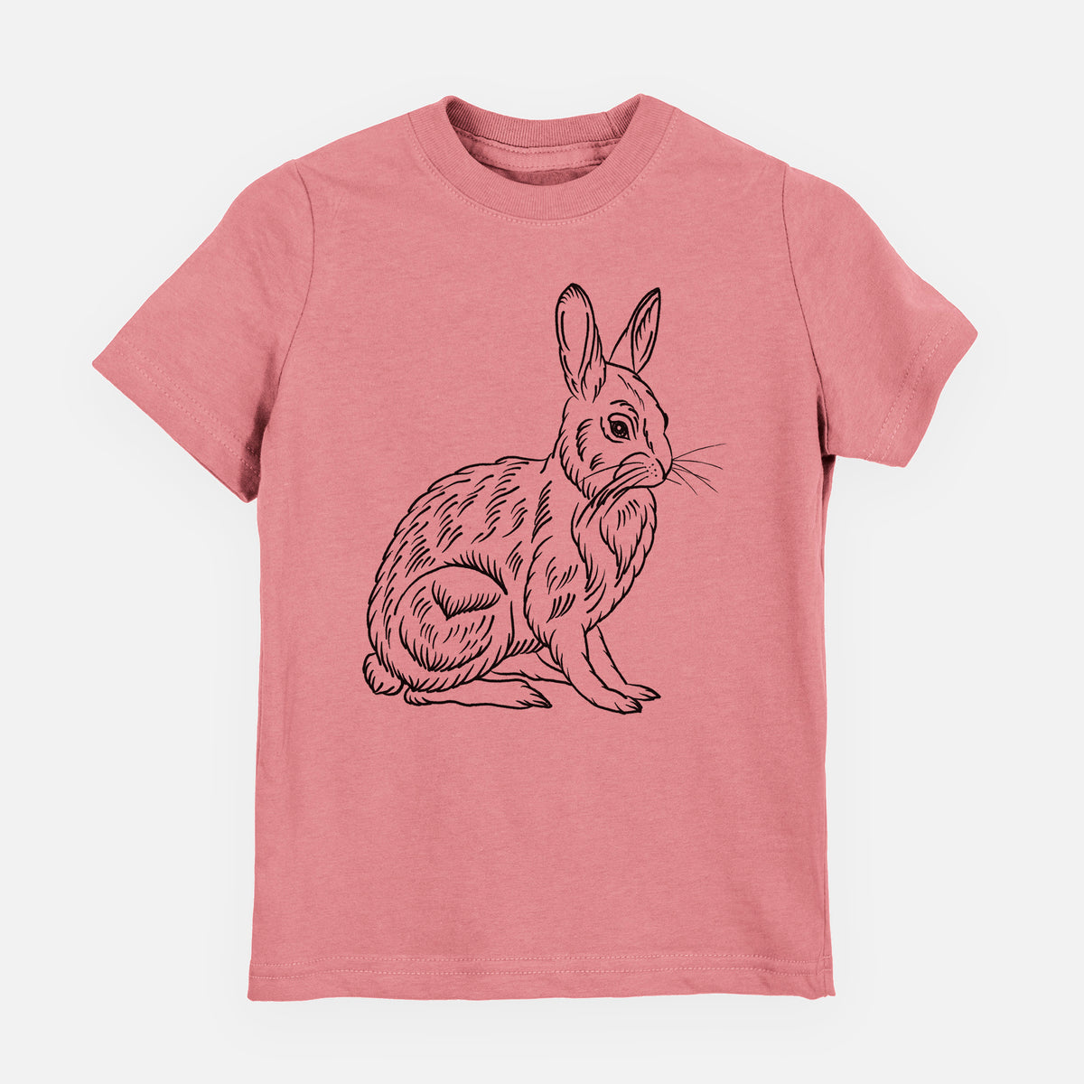 Mauve pink youth t-shirt laid flat, printed with a detailed black ink illustration of a snowshoe hare sitting upright.