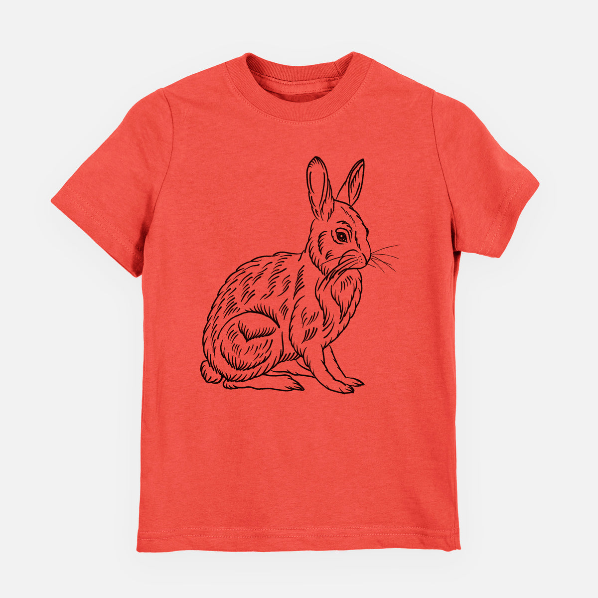 Passionfruit pink youth t-shirt laid flat, printed with a detailed black ink illustration of a snowshoe hare sitting upright.