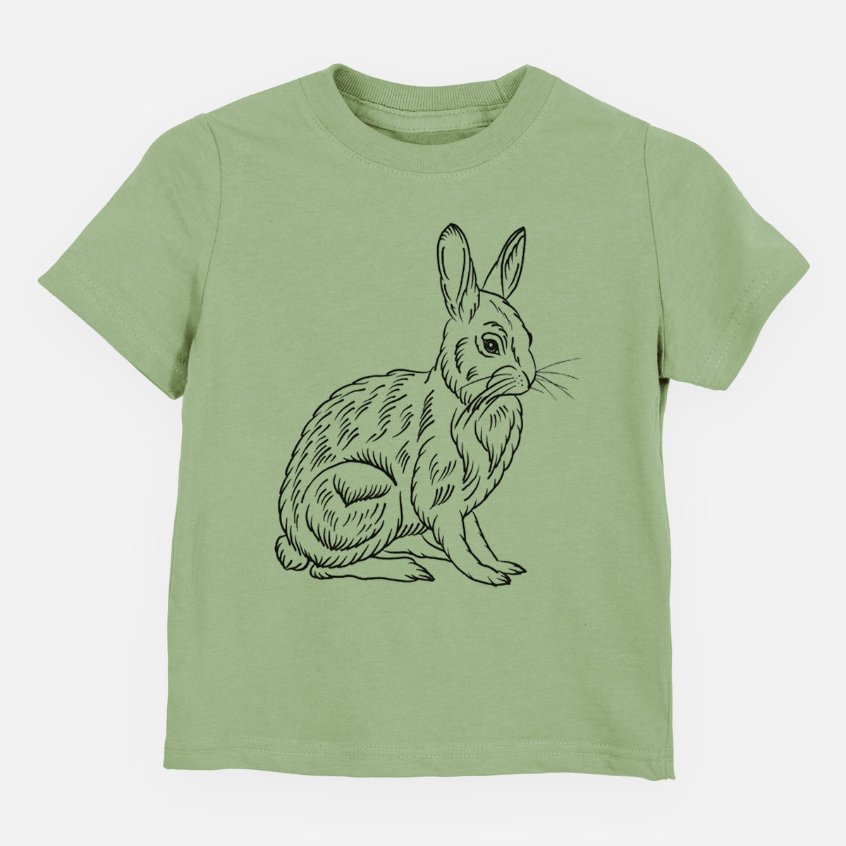 Sage green toddler t-shirt laid flat, printed with a detailed black ink illustration of a snowshoe hare sitting upright.