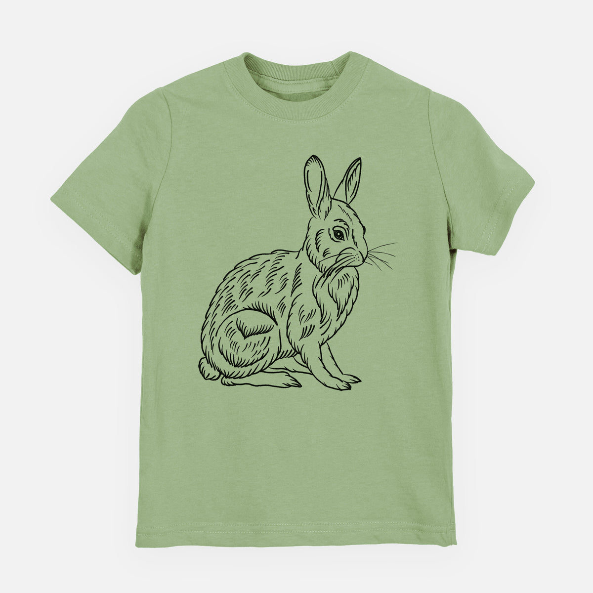 Sage green youth t-shirt laid flat, printed with a detailed black ink illustration of a snowshoe hare sitting upright.