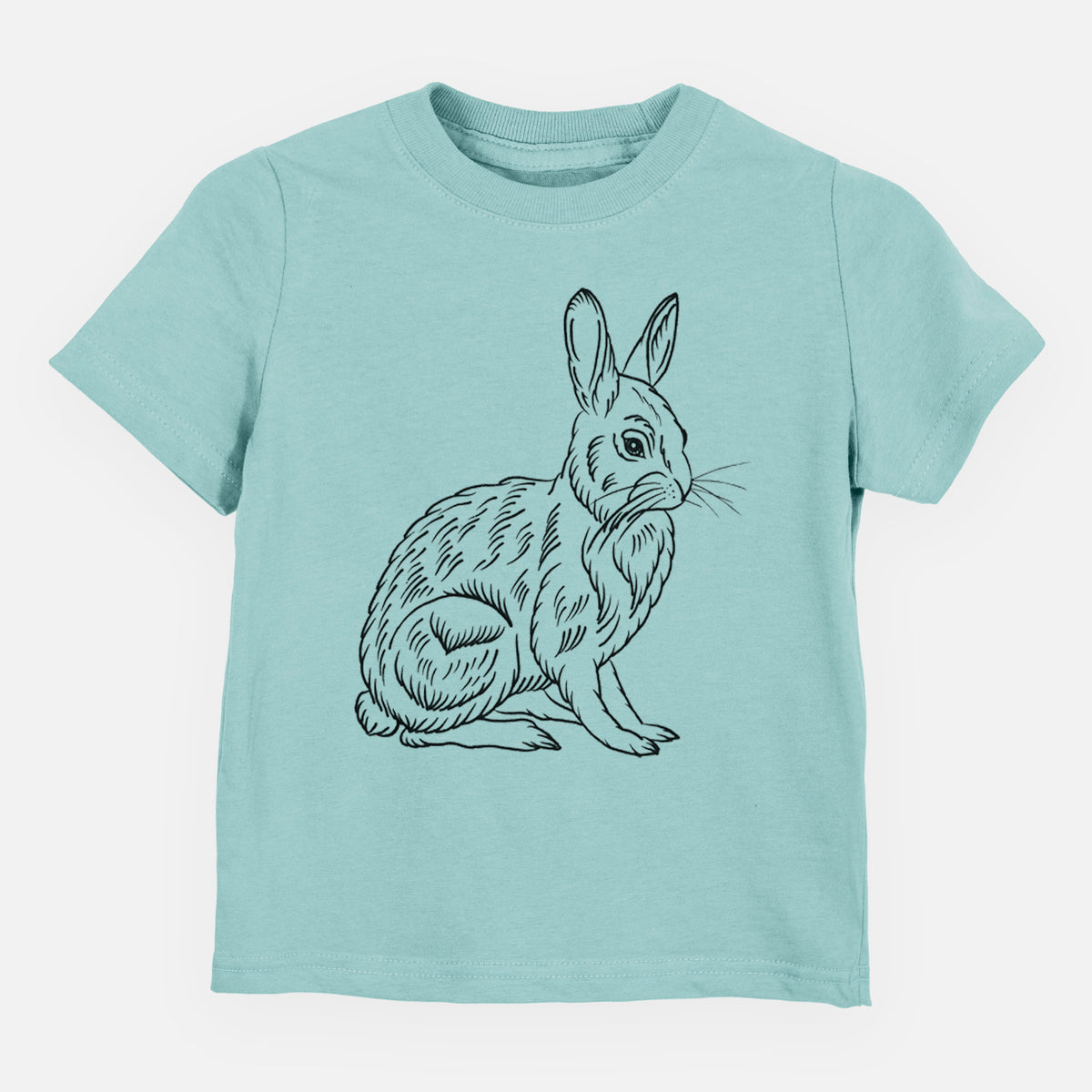 Saltwater toddler t-shirt laid flat, printed with a detailed black ink illustration of a snowshoe hare sitting upright.