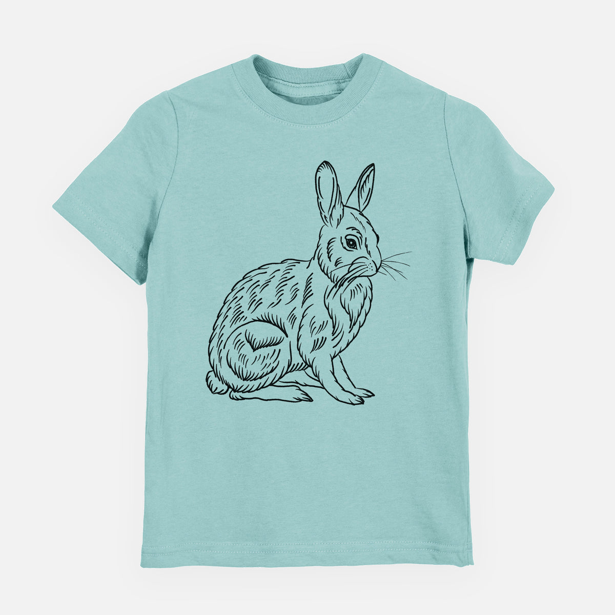 Saltwater youth t-shirt laid flat, printed with a detailed black ink illustration of a snowshoe hare sitting upright.