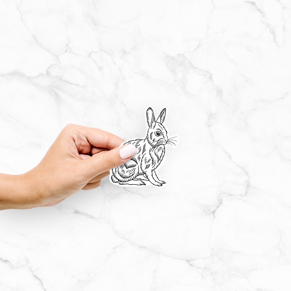 Hand holding a 4 inch vinyl decal of a detailed black ink illustration of a snowshoe hare sitting upright.