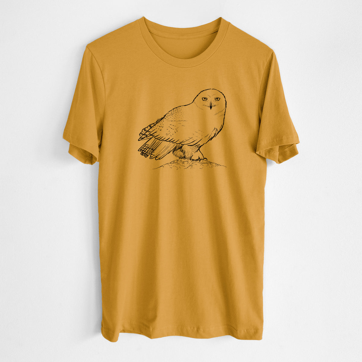 Honeycomb yellow lightweight cotton t-shirt laid flat, printed with a detailed black ink illustration of a snowy owl perched on a snowy mound.