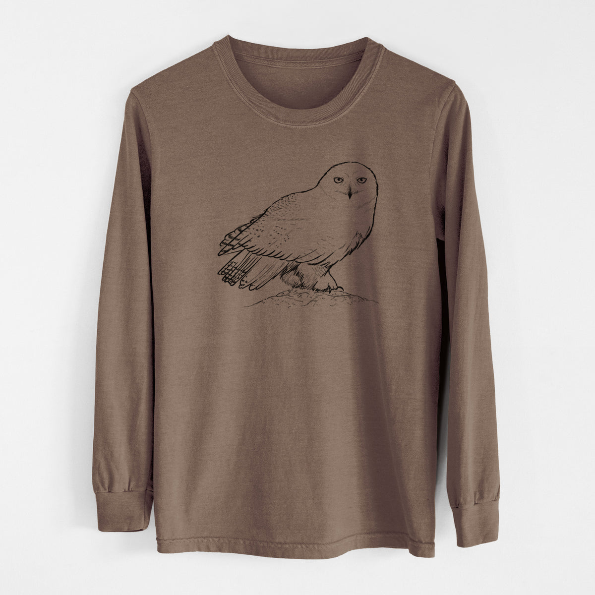 Espresso brown Comfort Colors long sleeve shirt laid flat, printed with a detailed black ink illustration of a snowy owl perched on a snowy mound.