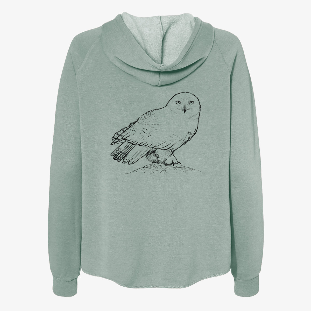 Sage green women's Cali Wave zip-up sweatshirt laid flat, printed with a detailed black ink illustration of a snowy owl perched on a snowy mound.