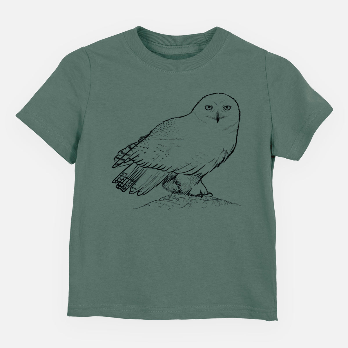 Basil green toddler t-shirt laid flat, printed with a detailed black ink illustration of a snowy owl perched on a snowy mound.