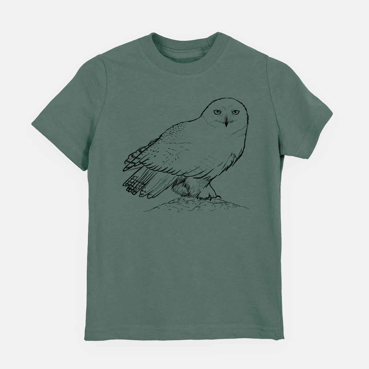 Basil green youth t-shirt laid flat, printed with a detailed black ink illustration of a snowy owl perched on a snowy mound.