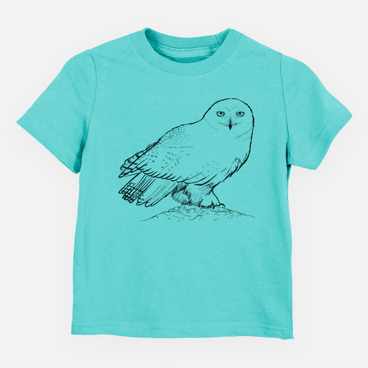 Caribbean blue toddler t-shirt laid flat, printed with a detailed black ink illustration of a snowy owl perched on a snowy mound.