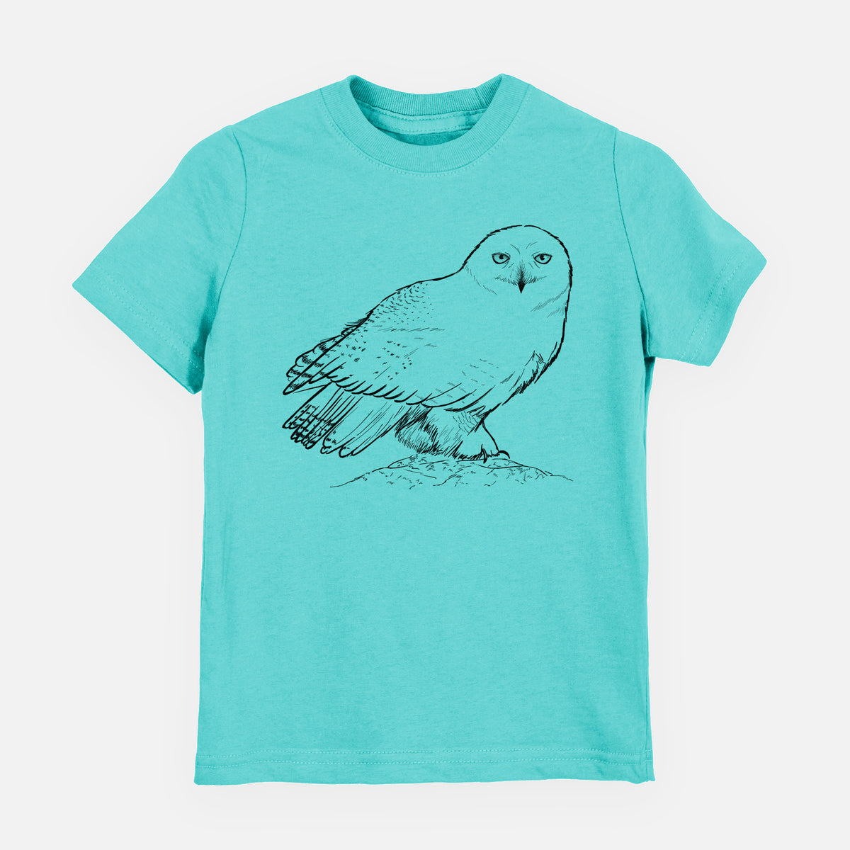 Caribbean blue youth t-shirt laid flat, printed with a detailed black ink illustration of a snowy owl perched on a snowy mound.