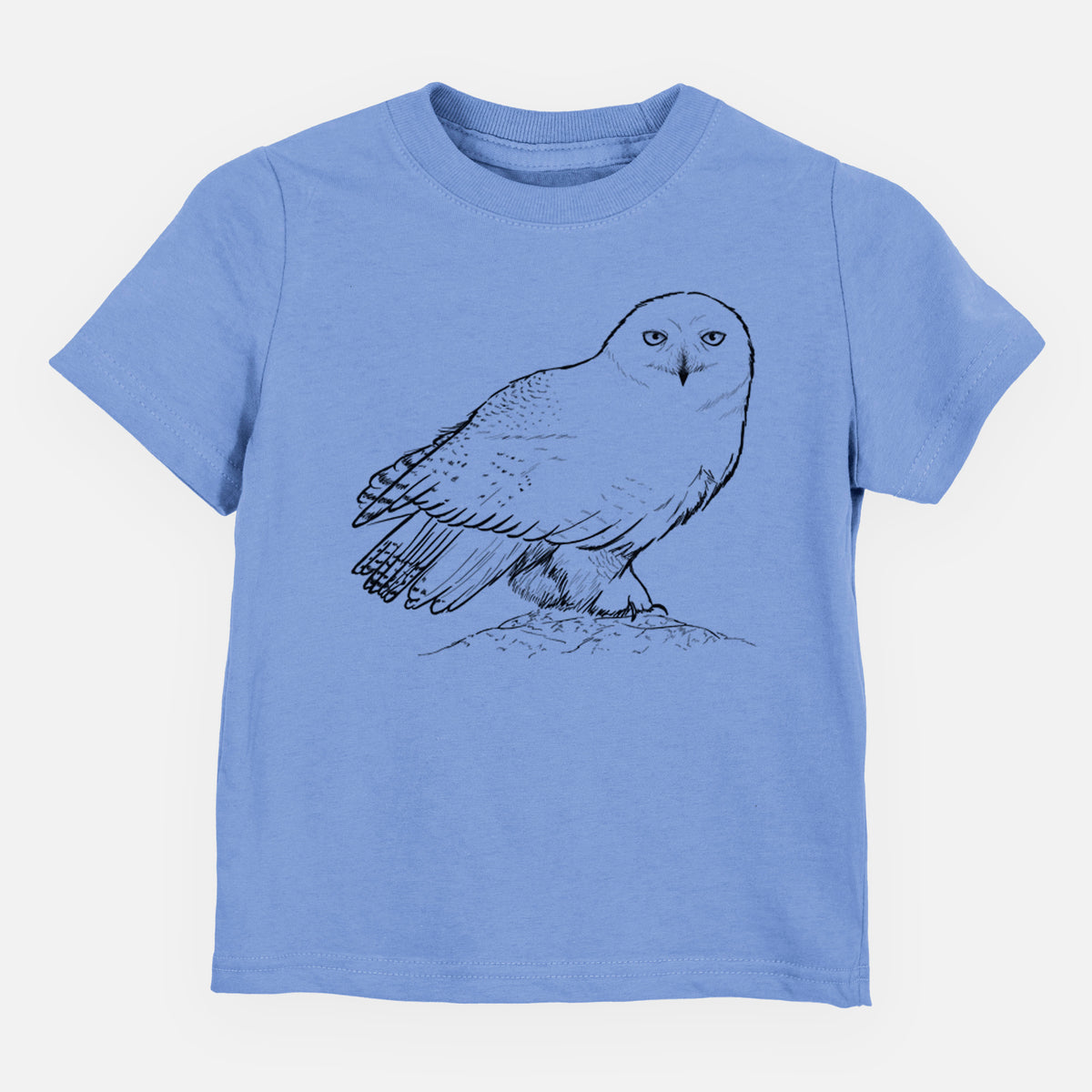 Carolina blue toddler t-shirt laid flat, printed with a detailed black ink illustration of a snowy owl perched on a snowy mound.