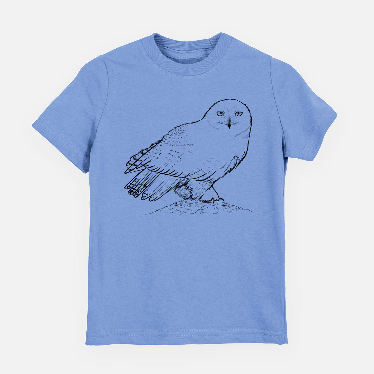 Carolina blue youth t-shirt laid flat, printed with a detailed black ink illustration of a snowy owl perched on a snowy mound.