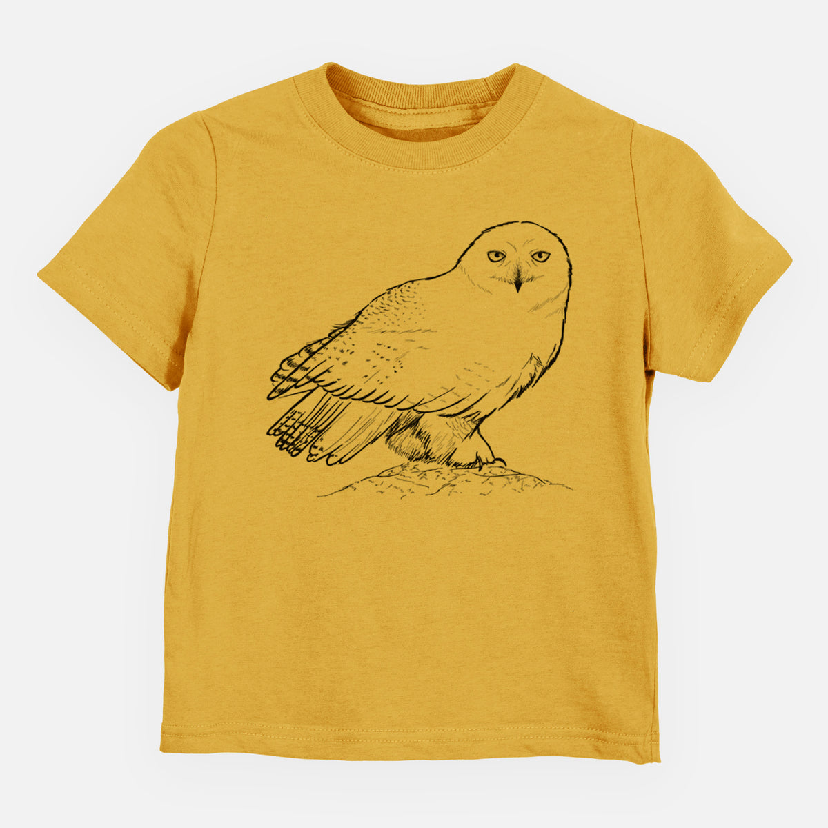 Honeycomb yellow toddler t-shirt laid flat, printed with a detailed black ink illustration of a snowy owl perched on a snowy mound.