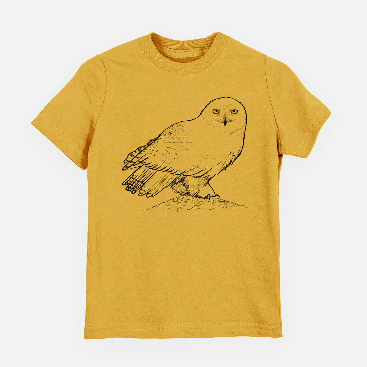 Honeycomb yellow youth t-shirt laid flat, printed with a detailed black ink illustration of a snowy owl perched on a snowy mound.