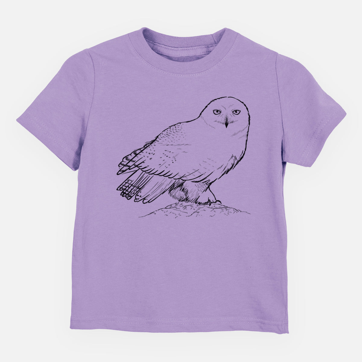 Lavender toddler t-shirt laid flat, printed with a detailed black ink illustration of a snowy owl perched on a snowy mound.