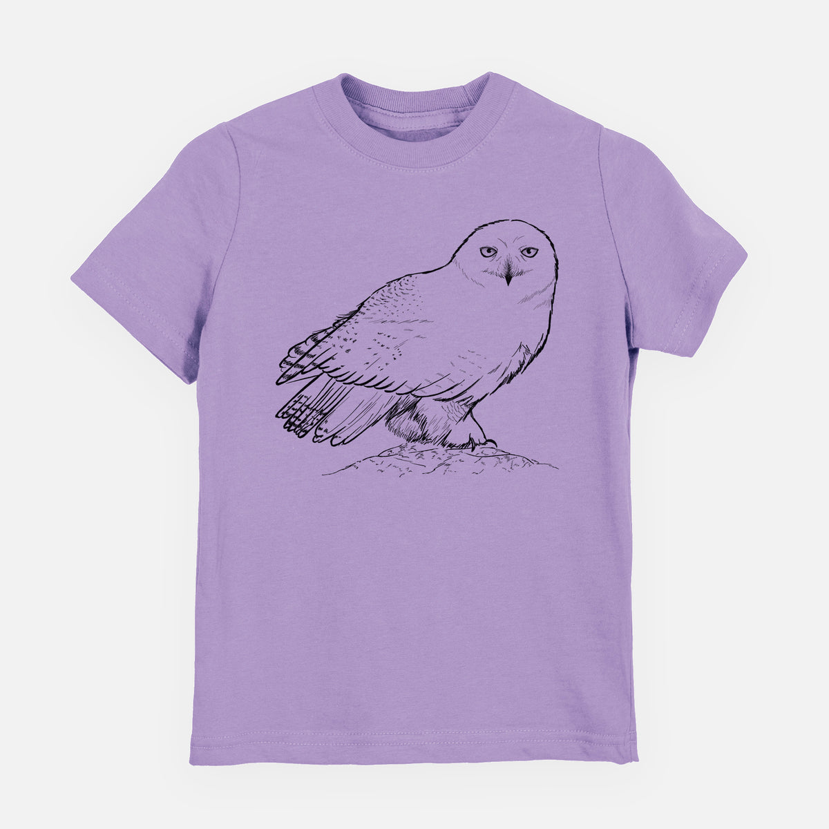 Lavender youth t-shirt laid flat, printed with a detailed black ink illustration of a snowy owl perched on a snowy mound.