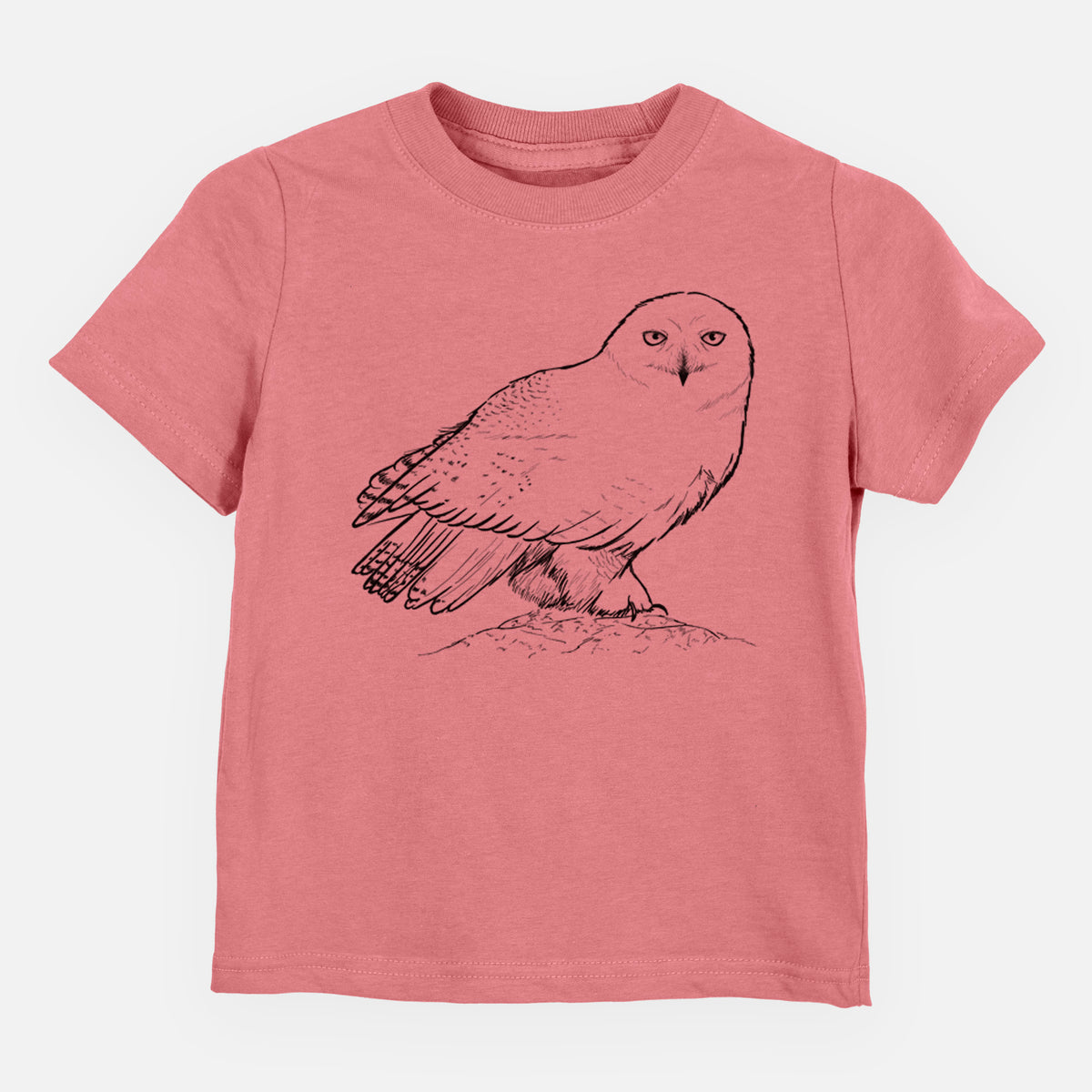 Mauve pink toddler t-shirt laid flat, printed with a detailed black ink illustration of a snowy owl perched on a snowy mound.