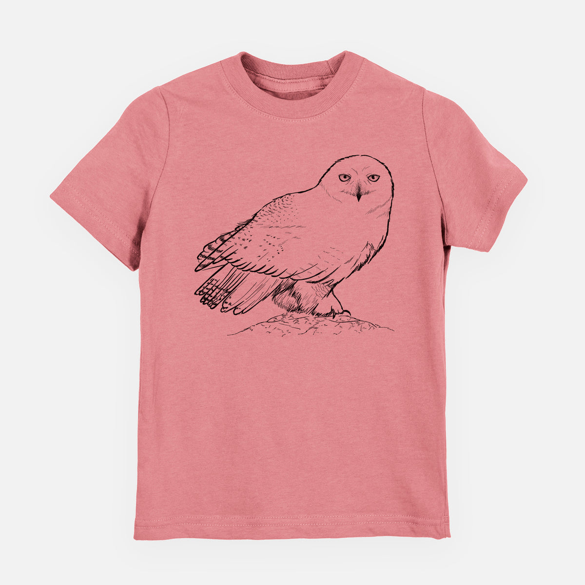 Mauve pink youth t-shirt laid flat, printed with a detailed black ink illustration of a snowy owl perched on a snowy mound.