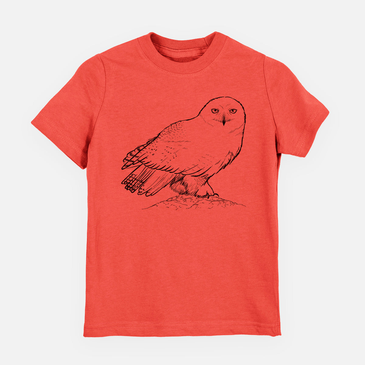 Passionfruit pink youth t-shirt laid flat, printed with a detailed black ink illustration of a snowy owl perched on a snowy mound.