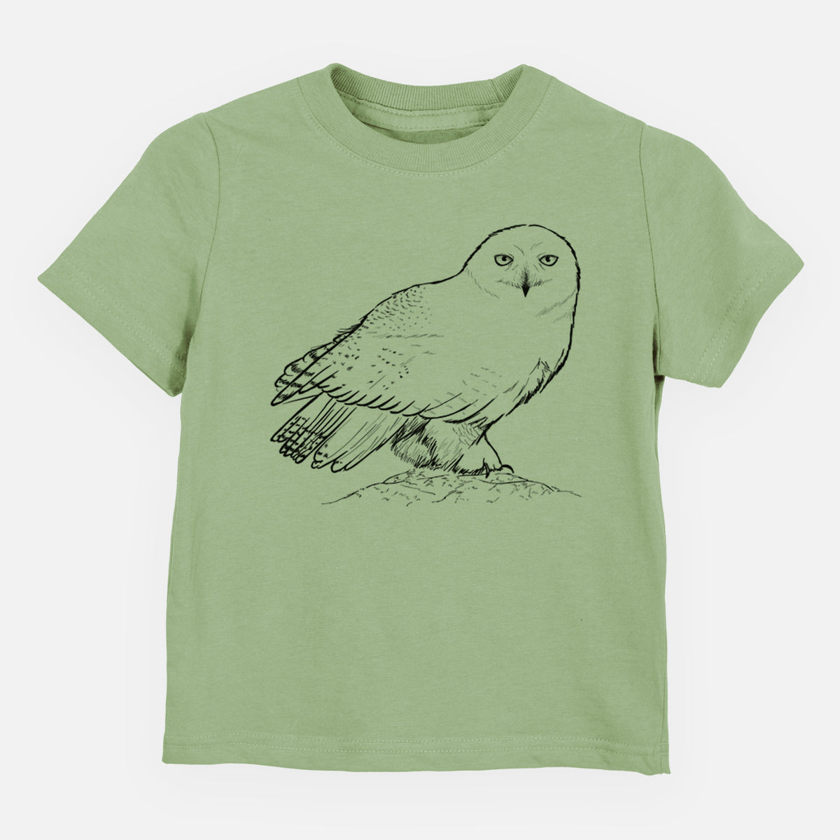 Sage green toddler t-shirt laid flat, printed with a detailed black ink illustration of a snowy owl perched on a snowy mound.