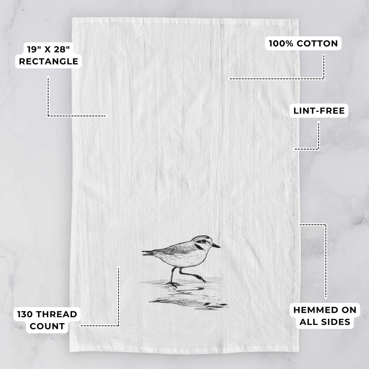 White tea towel printed with a black ink sketch of a snowy plover running along the wet shoreline, with feature labels: 19 by 28 inch rectangle, 100% cotton, lint-free, 130 thread count, hemmed on all sides.