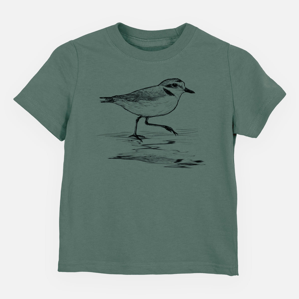 Basil green toddler t-shirt laid flat, printed with a black ink sketch of a snowy plover running along the wet shoreline.
