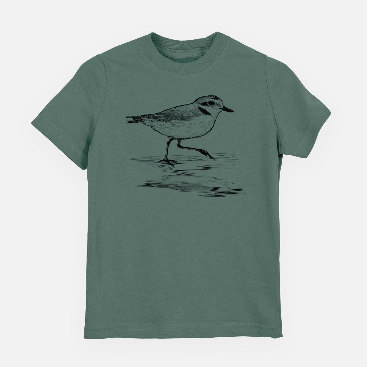 Basil green youth t-shirt laid flat, printed with a black ink sketch of a snowy plover running along the wet shoreline.