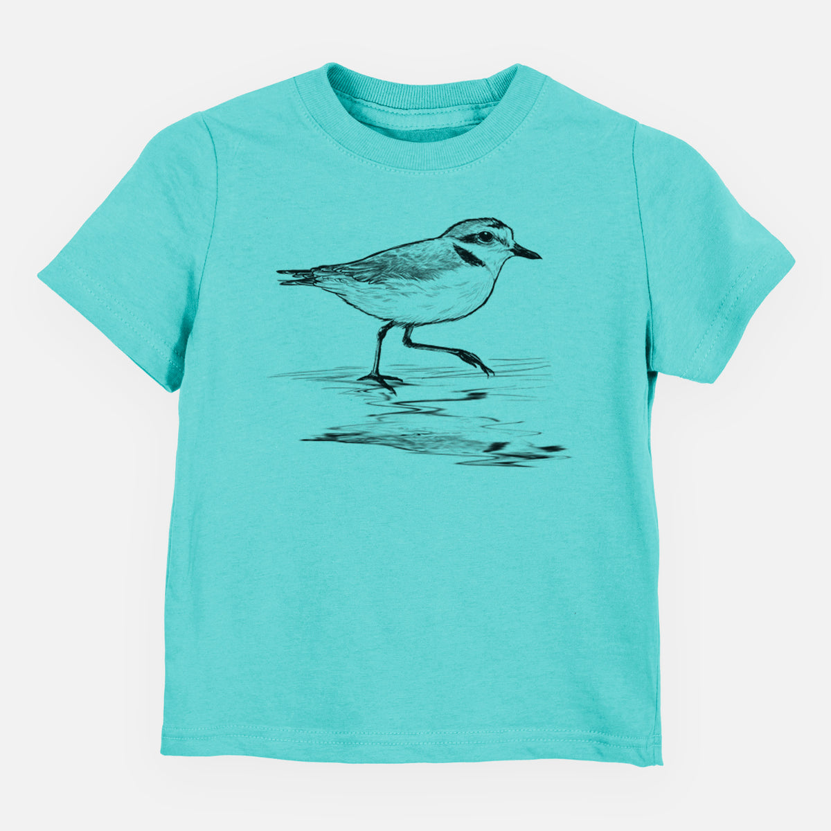 Caribbean blue toddler t-shirt laid flat, printed with a black ink sketch of a snowy plover running along the wet shoreline.