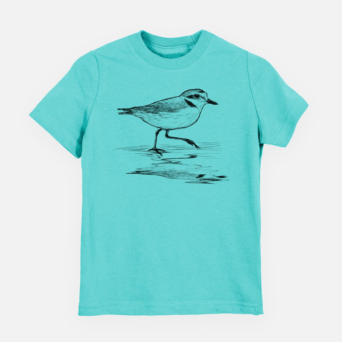 Caribbean blue youth t-shirt laid flat, printed with a black ink sketch of a snowy plover running along the wet shoreline.