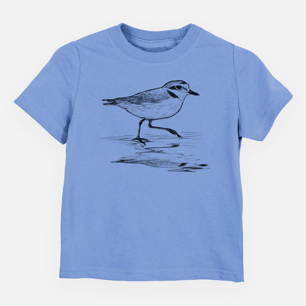 Carolina blue toddler t-shirt laid flat, printed with a black ink sketch of a snowy plover running along the wet shoreline.