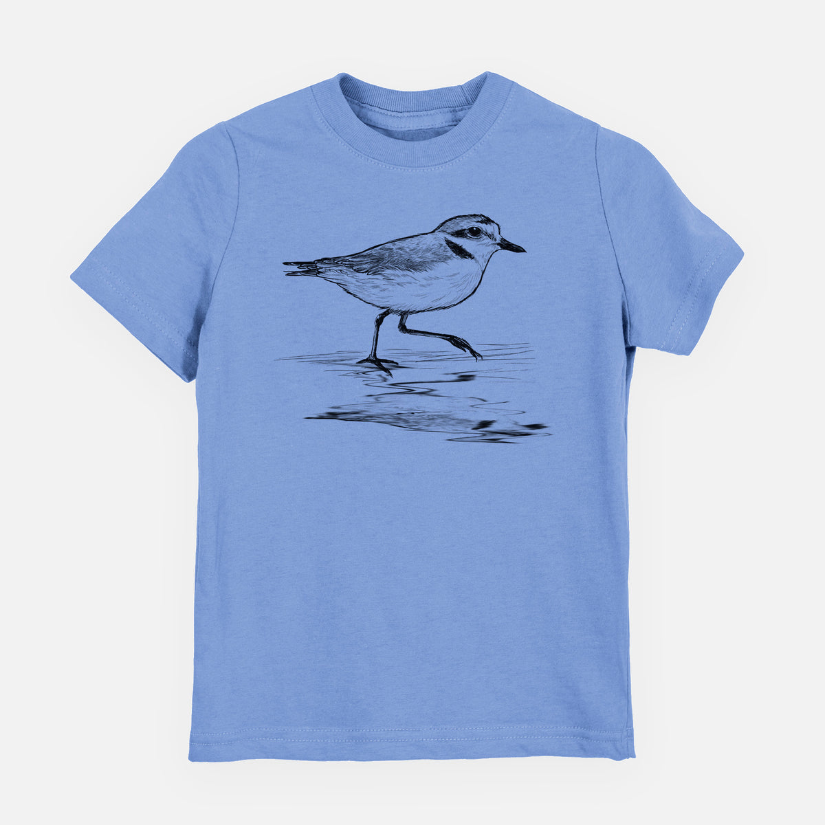 Carolina blue youth t-shirt laid flat, printed with a black ink sketch of a snowy plover running along the wet shoreline.