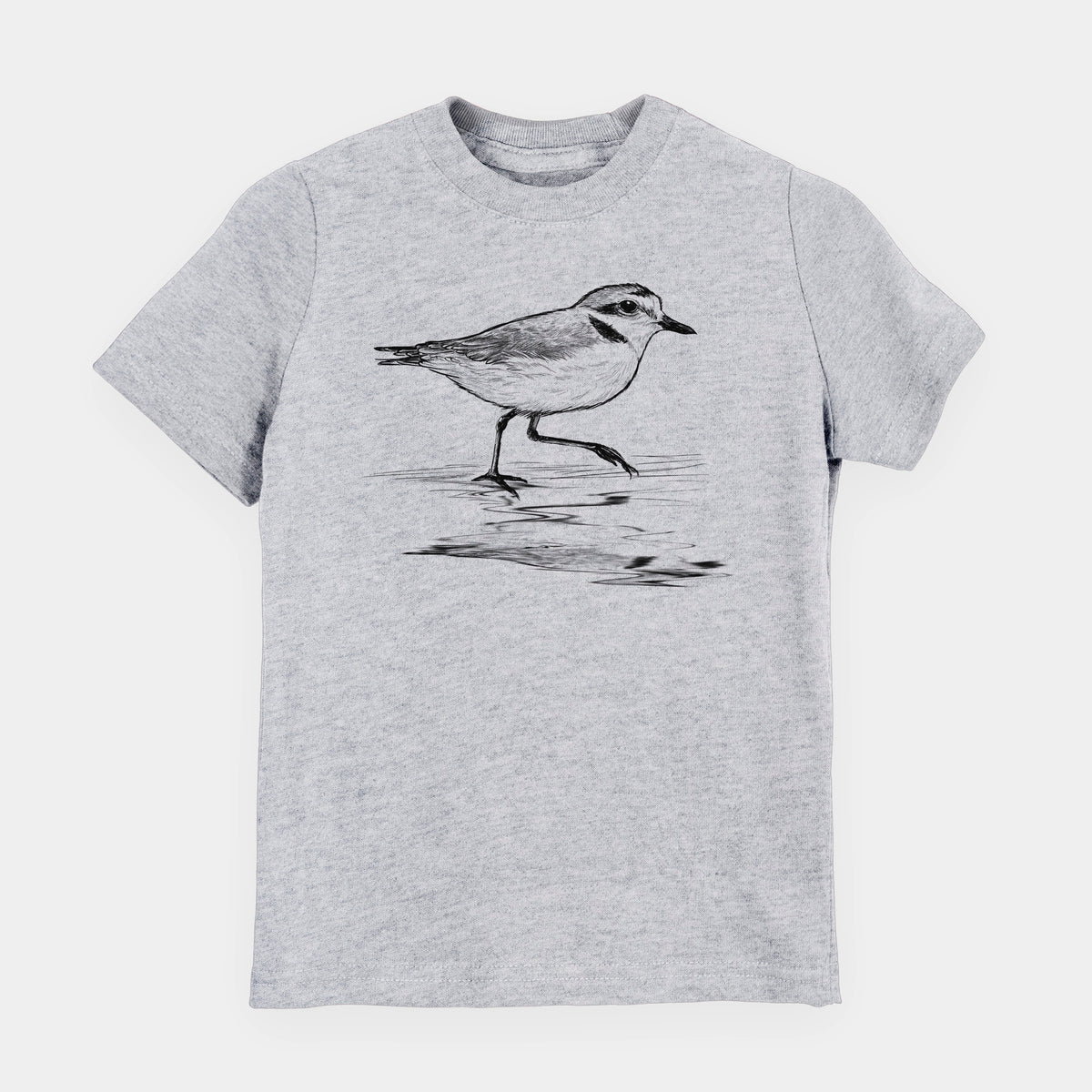 Heather grey youth t-shirt laid flat, printed with a black ink sketch of a snowy plover running along the wet shoreline.