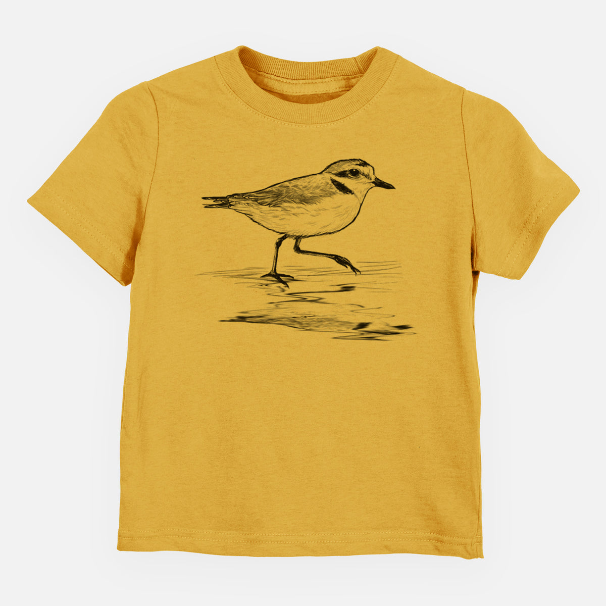 Honeycomb yellow toddler t-shirt laid flat, printed with a black ink sketch of a snowy plover running along the wet shoreline.