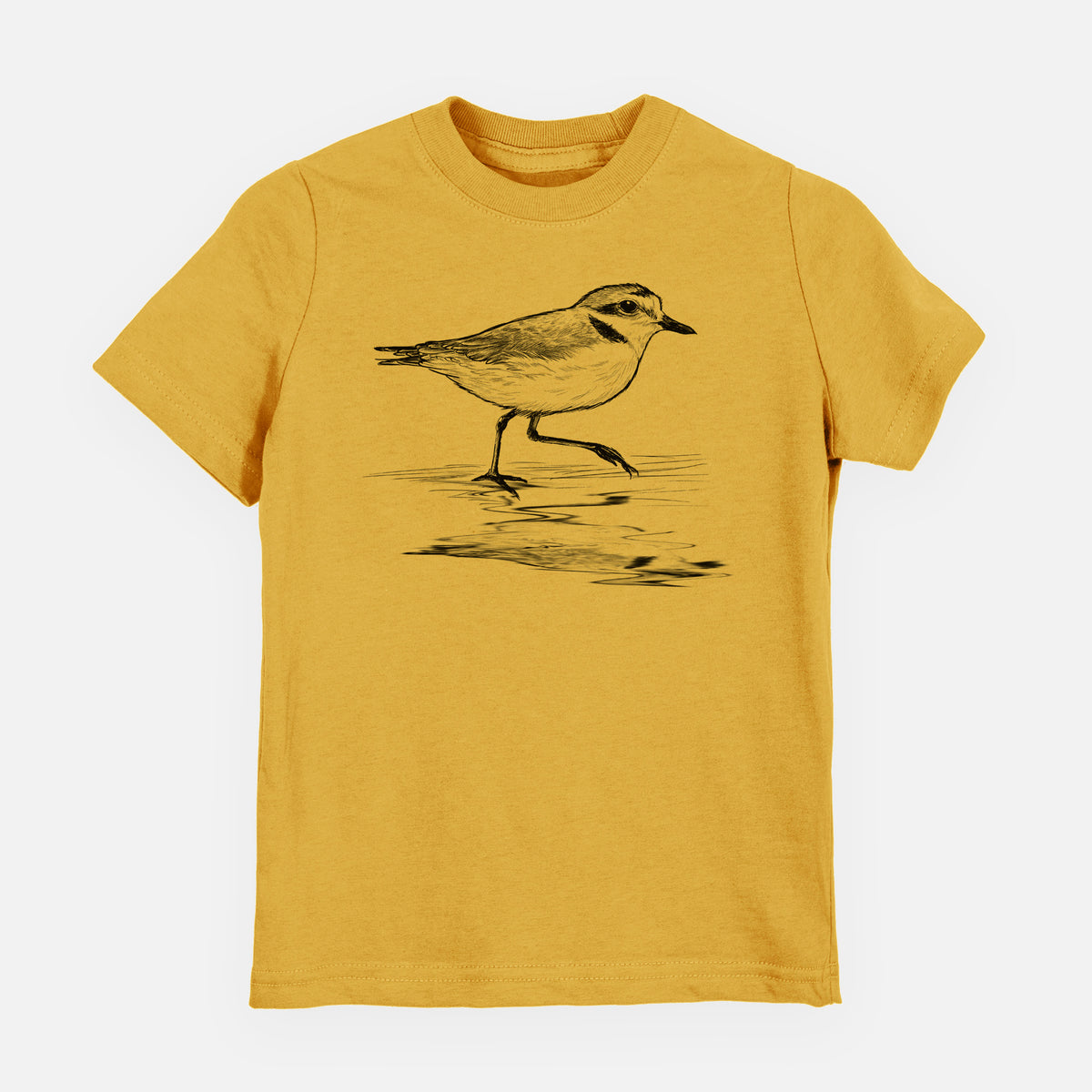 Honeycomb yellow youth t-shirt laid flat, printed with a black ink sketch of a snowy plover running along the wet shoreline.