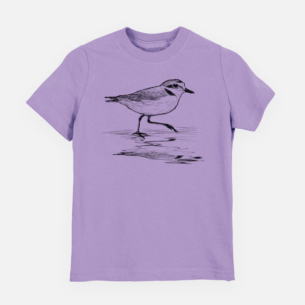 Lavender youth t-shirt laid flat, printed with a black ink sketch of a snowy plover running along the wet shoreline.