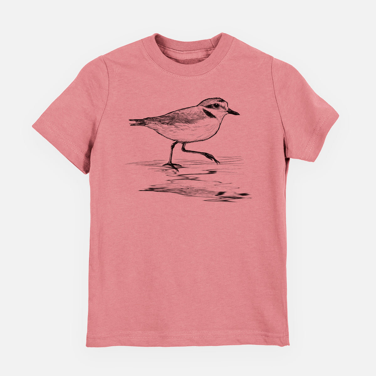 Mauve pink youth t-shirt laid flat, printed with a black ink sketch of a snowy plover running along the wet shoreline.