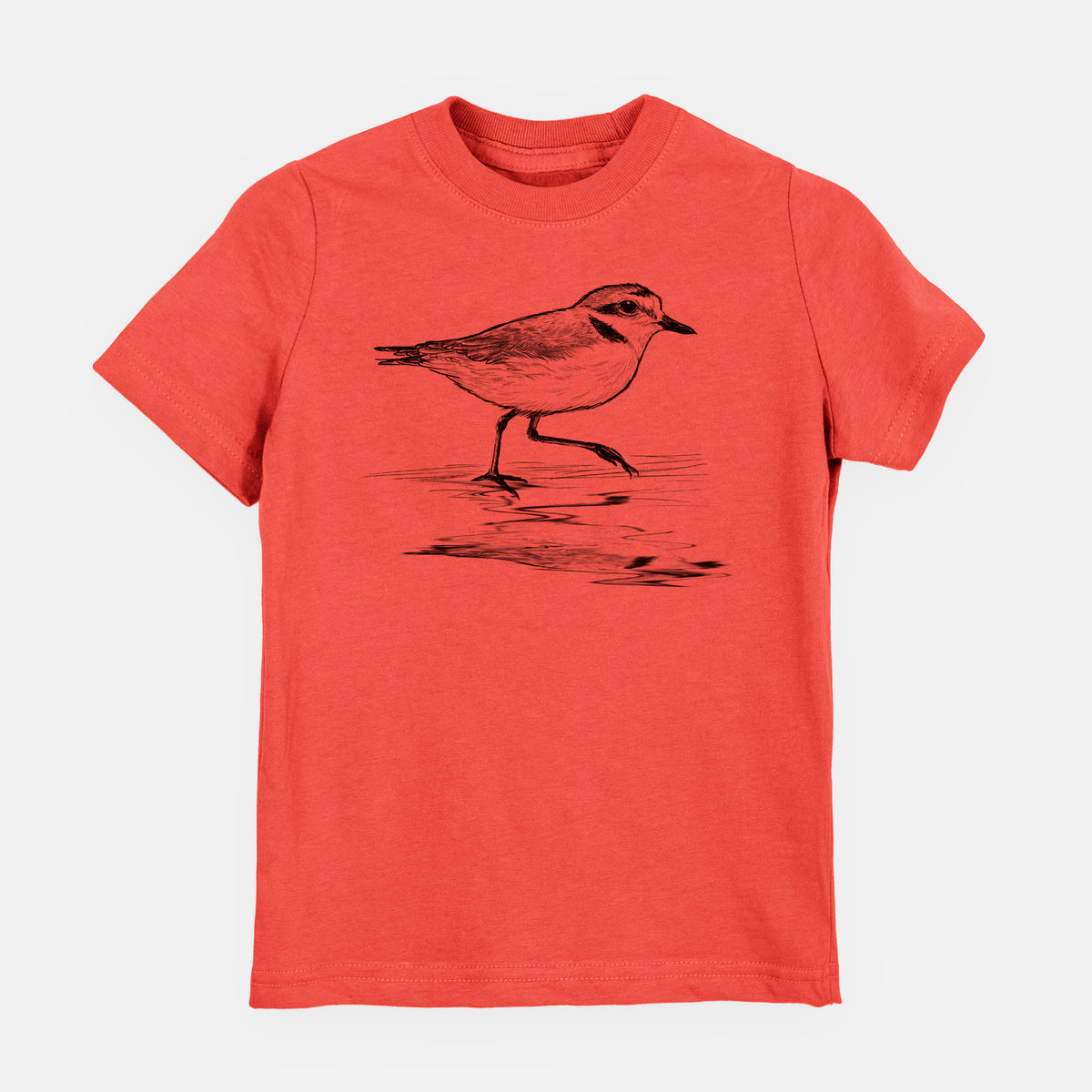 Passionfruit pink youth t-shirt laid flat, printed with a black ink sketch of a snowy plover running along the wet shoreline.