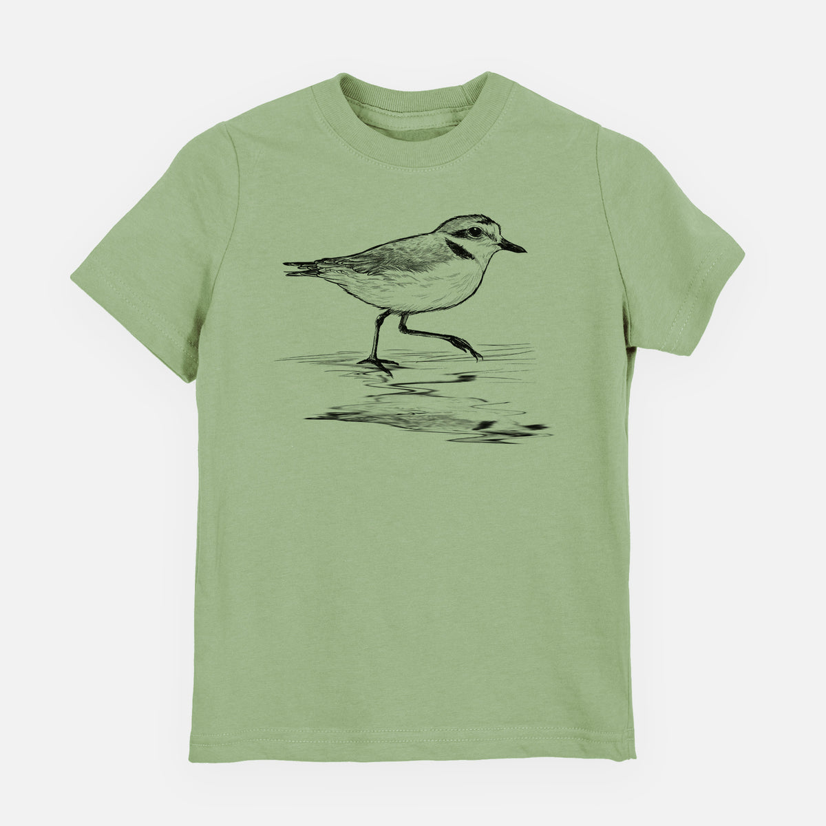 Sage green youth t-shirt laid flat, printed with a black ink sketch of a snowy plover running along the wet shoreline.