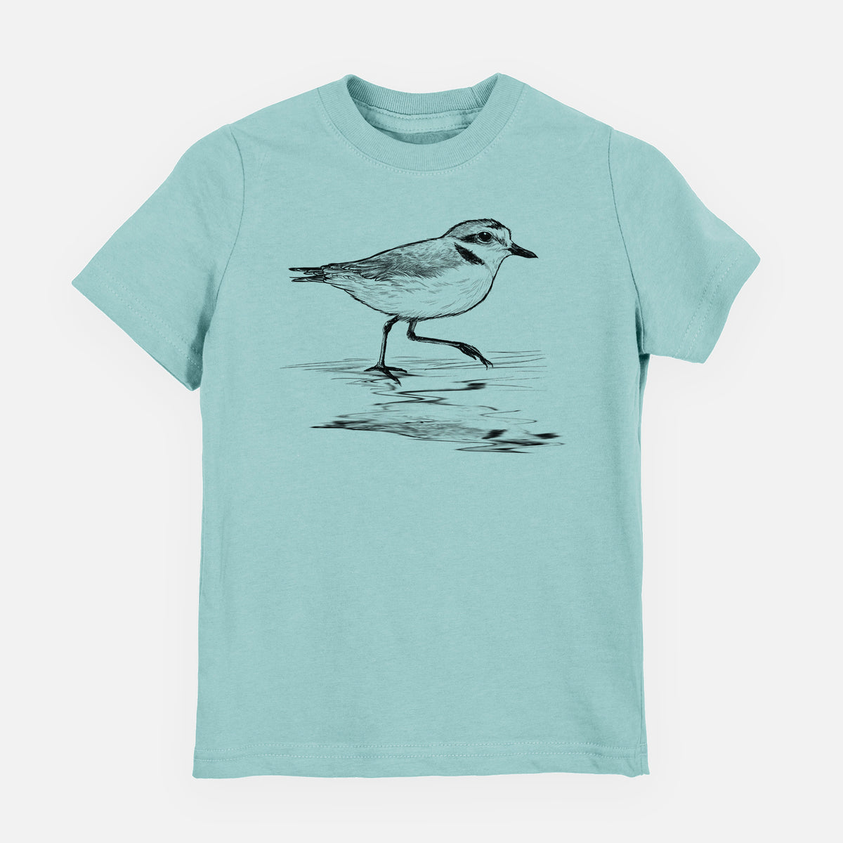 Saltwater youth t-shirt laid flat, printed with a black ink sketch of a snowy plover running along the wet shoreline.