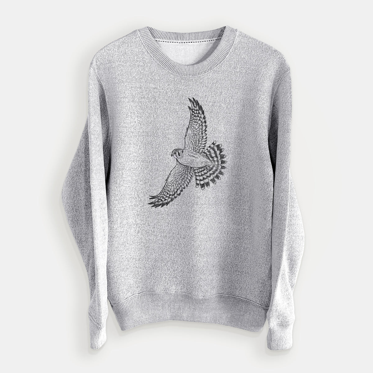 Salt and pepper knit sweatshirt laid flat, printed with a detailed black ink illustration of an American kestrel in flight with its wings raised.